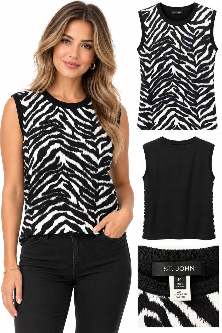 ST. JOHN Zebra Print Knit Tank Top Size M Black White Sleeveless